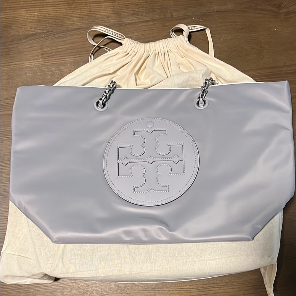 Tory Burch Light Gray Logo Tote with Chain Handles